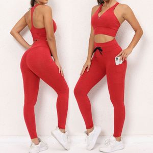 Leggings dames past tweedelige yoga-outfits Design Tracksuit Solid Color Zipper Top en Drawstringbroek Bil Lift Elastic Force Sport Wear Gym Kleding