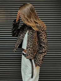 Femmes imprimé léopard à manches longues Bomber veste décontracté revers simple boutonnage manteau court élégant hiver chaud vêtements d'extérieur vestes 240122