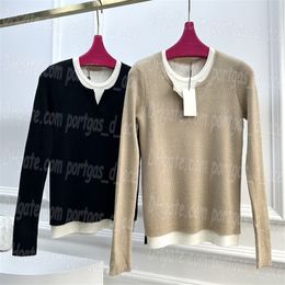 Camiseta falsa de dos piezas para mujer, Tops de manga larga, jerséis de punto, suéter de punto con fondo de primavera