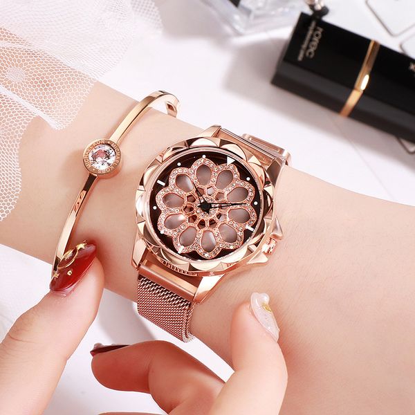 Luz de las mujeres Luxury 360 grados Rotary Rotario Alta moda Diamante Inseciente Correa de acero Watch W3