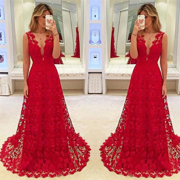 Femmes longue formelle robe en dentelle rouge dentelle robe de soirée soirée robes de demoiselle d'honneur nouveau profond haut bas col en v Maxi robe Vestidos