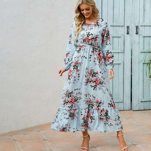 Vestido de manga larga para mujer estampado otoñal cuello redondo floral