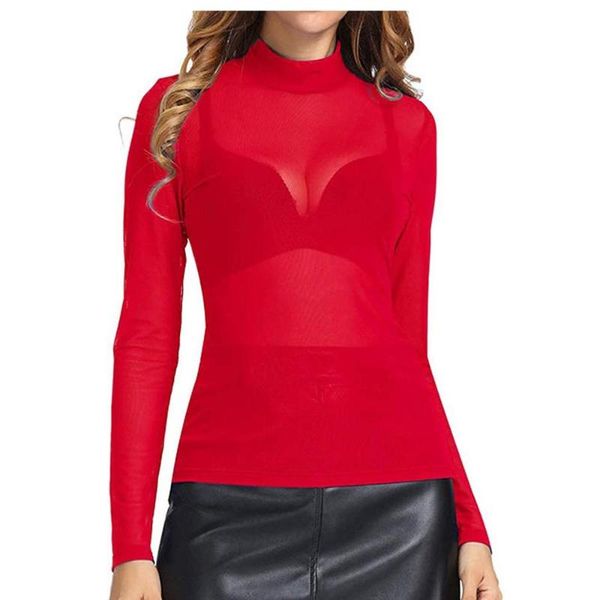 Femmes à manches longues col haut bras Shaper Top Sexy femmes voir à travers Transparent maille empiècement décontracté mince dames Blouse chemise femmes Blous