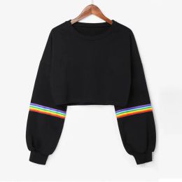 Sudadera Damen-Sweatshirt, langärmelig, gestreift, bauchfrei, Regenbogenstreifen, kurzer Sweatshirt-Pullover, schwarzer Pullover