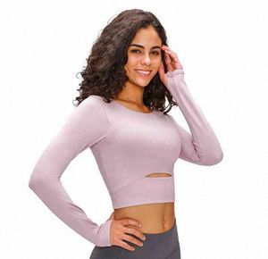 Hauts à manches longues pour femmes évider sexy Yoga Soutien-gorge de sport Chemise rembourrée Trou pour le pouce Court Slim Fitnesss Running Gym T-shirt Tees Lululemens Lulus