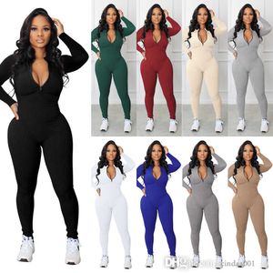 Dames lange mouw ritsjumpsuits gebreide rib bodycon fitness playsuit body rompers herfst winter sportkleding