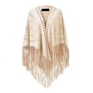 Dames losse suede rand open poncho mantel sjaalomslag met punch gatpatronen en sierlijke franjes drop 240419