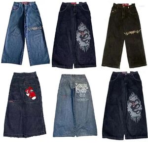 Pantalones vaqueros JNCO para hombre, ropa de calle Y2k Hip Hop con estampado gráfico de dibujos animados, pantalones negros holgados Vintage, pantalones de pierna ancha de cintura alta para hombre y mujer