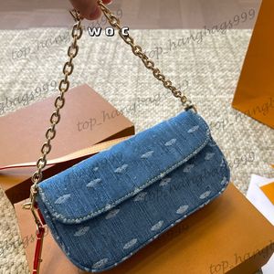 Designer de luxe pour femmes Blue Denim Baguette Clutch Woc Sacs Old Flower Purse Gold Chain Underarm Purse Strap en cuir Poute épaule à bandoulière 22x11cm