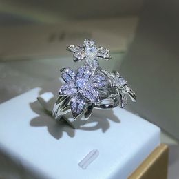 femmes luxe diamant fleur bande anneaux taille ouverte belle beauté creux brillant cristal cz zircon bague en argent bijoux