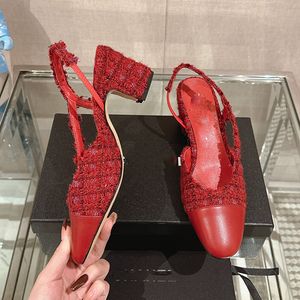Luxe damesschoenen Dikke hoge hak sandalen 6,5 cm sandaal Echt leer Tweed doek stiksel ronde kop geruite rode slingbacks sandaal