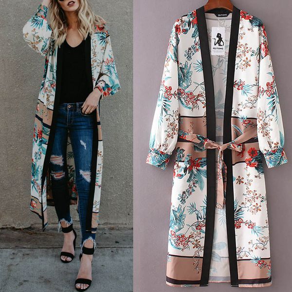 Femmes faites de matériaux de haute qualité Ceinture Bandage Châle Imprimer Kimono Cardigan Top Cover Up Blouse Beachwear Cadeau