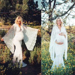 Robe de maternité en dentelle pour femmes, col en V, manches évasées enveloppées, Maxi photographie, Baby Shower, Po Shoot 240301