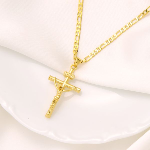 Pendentif croix en or massif jaune 18 carats pour femme et homme FINITION italienne inri Jesus Crucifix Figaro Link Chain Necklace 24