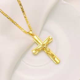 Womens Mens 9k Gele Solid Gold Afwerking Jesus Crucifix Wide Cross Hanger Italiaanse Figaro Link Chain Ketting 24 "3mm