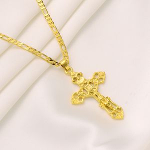 Womens Mens Cross Hanger 22k Gele Solid Fine Gold Finish Jesus Crucifix Breed Italiaanse Figaro Link Chain Ketting 24 