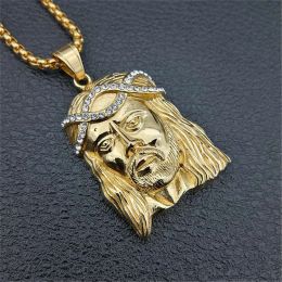 Colar feminino masculino com pingente de cabeça de Jesus, corrente de ouro amarelo 14k e colar de strass gelado, joias de hip hop