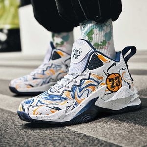 Chaussures de basket-ball professionnelles pour hommes et femmes Baskets décontractées montantes Baskets de sport pour jeunes Design graffiti