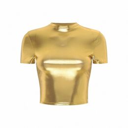 T-shirt slim métallique brillant pour femmes Blouse Disco Bar Pole Dance Tops Pull à col montant Crop Top Jazz Dance Party Costume 51va #