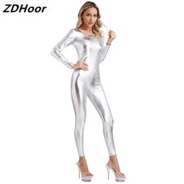 Dames metallic glanzende unitard danskleding ronde hals lange mouw slim fit full body bodysuit clubwear festivalkostuums 240301