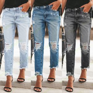 Womens Mid Waist Hole Ripped Jeans Casual Loose Denim Pants Ladies High Street Straight Trousers S-2XL