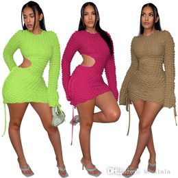 Womens Midi Jupe New Fashion Drawstring Elastic Bubble robes Sexy Hollow Out Dress