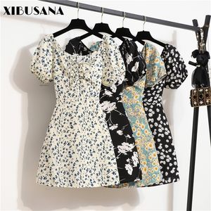 Womens Mini Sexy Jurken Zomer Strand Bloemen Gedrukt Shirring Geplooide Elegante Korte Puffy Mouw Jurk Korea Vrouwelijke Vestidos 220705