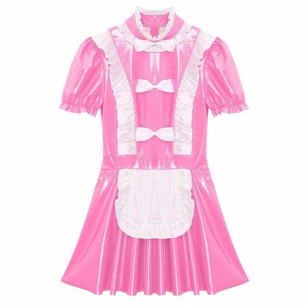 Femmes Naughty Maid Uniforme Clubwear Brillant Cuir Verni Maid Cosplay Dr Ruffles Trims Bow Apr Puff Sleeve A-Line Dr q68K #