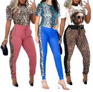 Dames nieuwe set casual zomer blauw luipaard print combinatie mode mode set korte mouw t-shirt tweedelige set