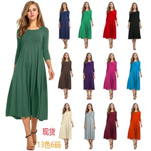 Jupe d'été pour femmes, nouvelle mode, col rond, manches moyennes, couleur unie, robe évasée