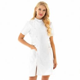 Uniforme d'infirmière pour femmes, col Mandarin, manches courtes, fesses inclinées, hôpital médical, blouse de laboratoire, Dr T0S8 #