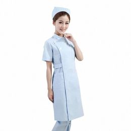 Uniforme d'infirmière pour femmes, col mandarin, manches courtes, fesses inclinées, hôpital médical, blouse de laboratoire, Dr S3my #