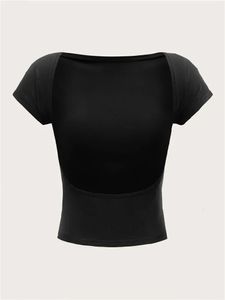 Dames O-Neck Backless T-shirt Korte mouw Solide kleur Crop Top Zomer schattig baby T-shirt Y2K kleding Bodycon Tunics Fashion Tank 240325