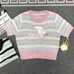 Womens O-Neck Corta de manga corta Rainbow Color Stripe Letter Letter Bordery Bordery Tees SML