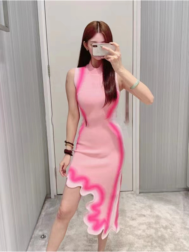 Женский o-выстрел рукавиц розовый градиент цвет Bodycon Tunic вязаная ткань асимметричная нерегулярная дизайн платье Smlxlxxl