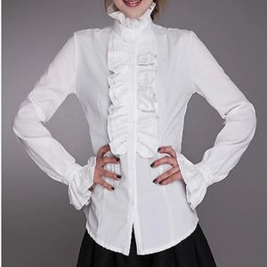 Dames Office Lady Shirt Vintage Retro Tops Stijlvolle lange mouwen met ruches opstaande kraag Gothic Effen blouse voor feestwerk bruiloft 240223