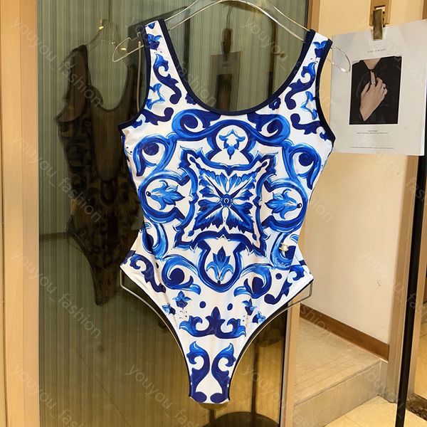 Trajes de una pieza para mujer Bikini Diseñador Traje de baño sin espalda Traje de baño sexy de verano para mujer Natación en la playa Moda Porcelana azul y blanca Ropa de baño Parques acuáticos -6