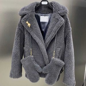 Dames bovenkleding wollen jas ontwerper vest jas luxe merk wollen overjas V-hals max winter warmte pluche kasjmier met handschoen