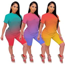 Groothandel Womens Gradiënt Trainingspakken Sportkleding Twee Stukken Set Zomer Dameskleding Korte Mouw Shorts Outfits Top Dames Broek Suits 2021 Type Selling KLW6545