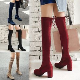 Womens Over The Knee Boots Sexy Hoge Hakken Schoenen Vrouw Elegante Lange Party Booties Dames Vierkante Hak Ronde Teen Boot