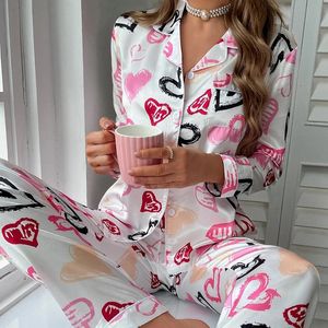 Dames pyjama sets hartvormige patroon geprinte slaapkleding zomer satijn lange mouw pyjama's 2 stuks dames huiskleding pyjama's 240410