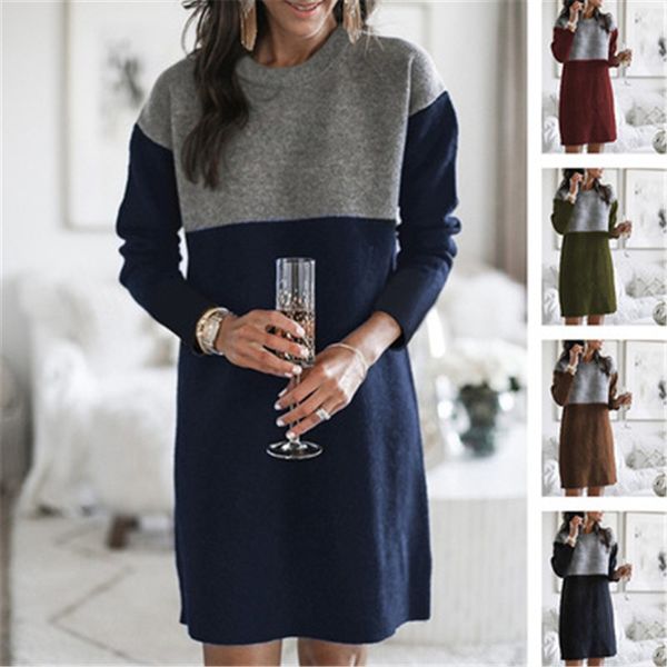 Vestidos de manga larga con paneles para mujer Tendencia de moda Cuello redondo Faldas cortas sueltas Diseñador Mujer Casual Bodycon Hasta la rodilla Vestido de lápiz