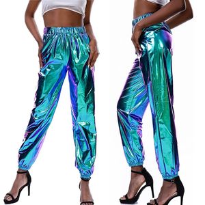 Dames Pant High Taille Metallic Shiny Jogger Casual holografische kleur Streetwear broek Women Fashion Smooth Reflective Pants 240420
