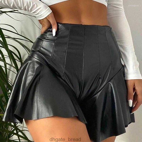 Femmes culottes femmes faux cuir mini pantalon a-ligne volants fermeture éclair jupes noires shorts taille haute fête exotique latex clubwear vêtements de nuit