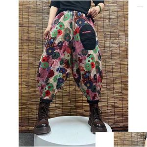 Pantalons Femmes Capris 2023 Printemps Été Arts Style Femmes Taille Élastique Lâche Cheville Longueur Vintage Imprimé Floral Coton Lin Harem C505 Dhmey