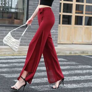 Damesbroeken capris 2024 Elegante en modieuze Harajuku ultradunne dames losse en casual bijpassende chiffon wide been broek hoge taille splitstijl Leath