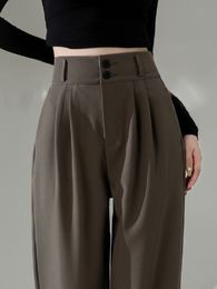 Pantaloni da donna Capris eleganti a vita alta larghi dritti coreani a gamba larga da donna pantaloni lunghi chic bottoni moda autunno pantaloni da donna casual 230921