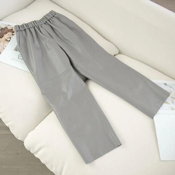 Pantalon féminin capris en cuir authentique harem réel pantalon de peau de mouton haute taille femme élastique streetwear 231218
