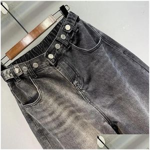 Damesbroeken capris hoge taille vrouwelijk verstelbaar gesp buckle ontwerp elastische flodderige jeans herfst en winter all-match zwarte brede vrouw klede dhcxe