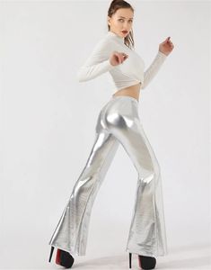 Pantalon femme Capris métallique brillant évasé paillettes taille haute extensible cloche bas Flare grande fille Disco jambe large 231123